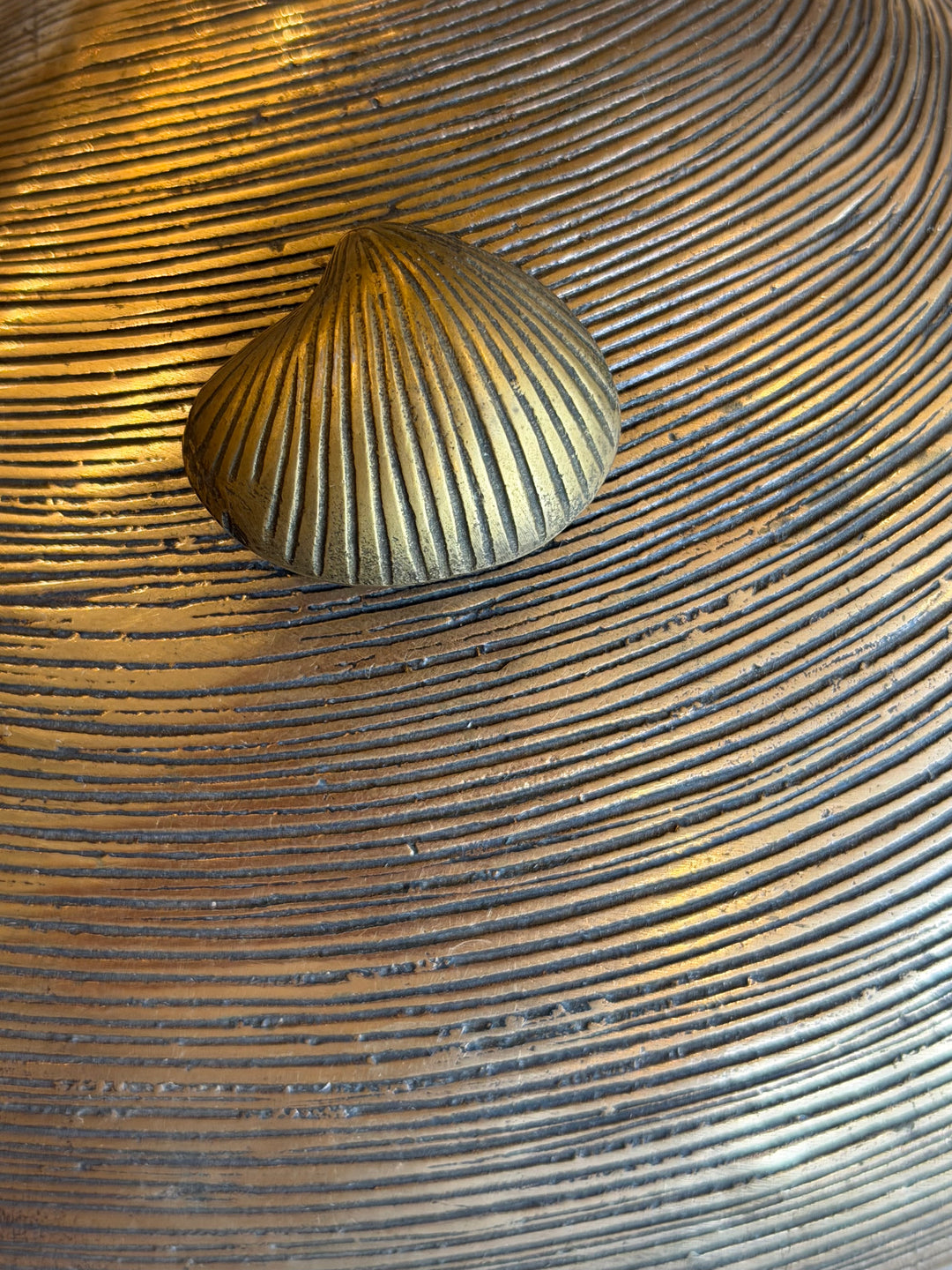 Large Sculptural Ribbed Brass Clam Shell Box with Lid