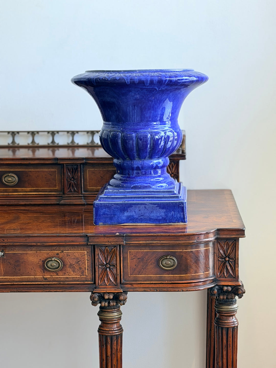 Italian cobalt glazed ceramic urn with intricate patterns, handcrafted by Housebound Interiors.