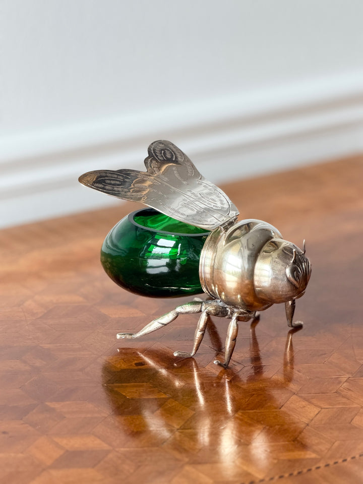 Italian Silver &amp; Emerald Green Glass Bee-Form of Jam Pot