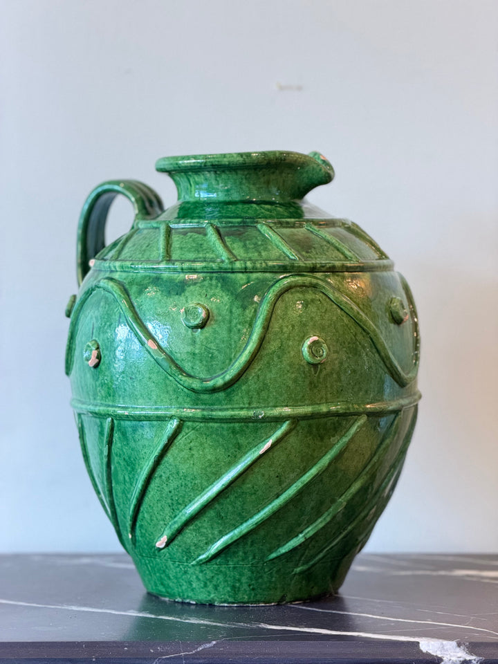 Large Italian emerald glazed pottery vase with sculptural relief decoration, crafted by Housebound Interiors.