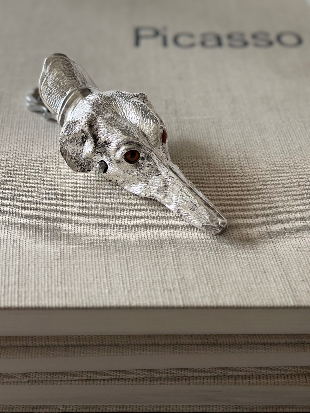 English Silver Dog-Form Desk Clip with Amber Glass Eyes - 20th Century
