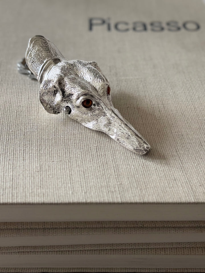 English Silver Dog-Form Desk Clip with Amber Glass Eyes - 20th Century