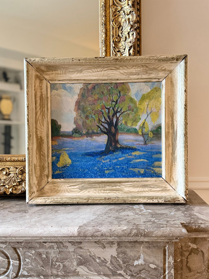 Pastoral landscape oil painting on canvas featuring a blue field, created by Housebound Interiors, from 1940.