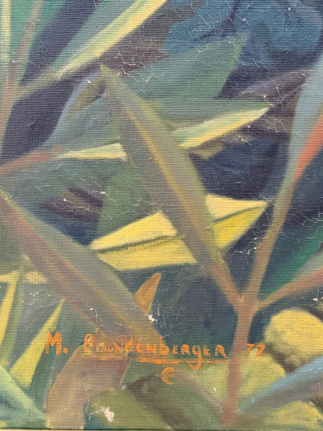 Surrealist botanical landscape oil painting by M. Brandenberger featuring vibrant colors and artistic foliage details.