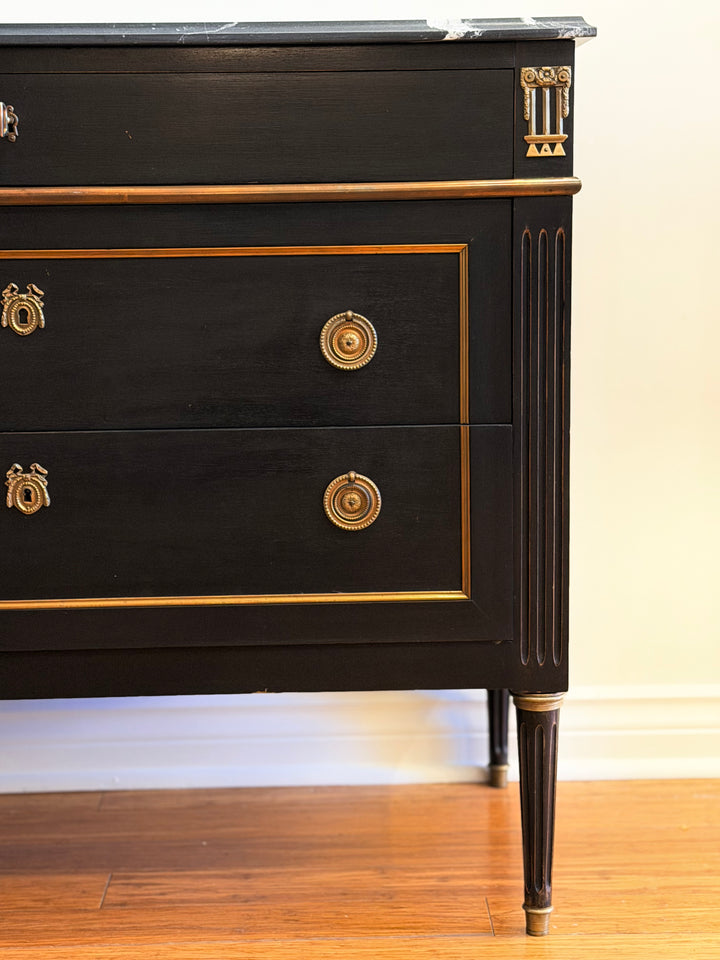 French Ebonized Mahogany Directoire-Style Commode with Marble Top and Bronze Mounts, circa 1940