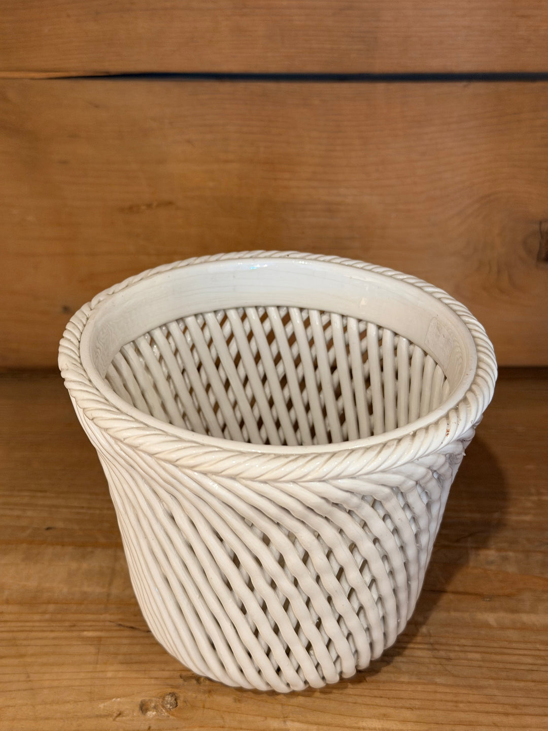 Italian Mid-Century White Basketweave Pottery Cachepot