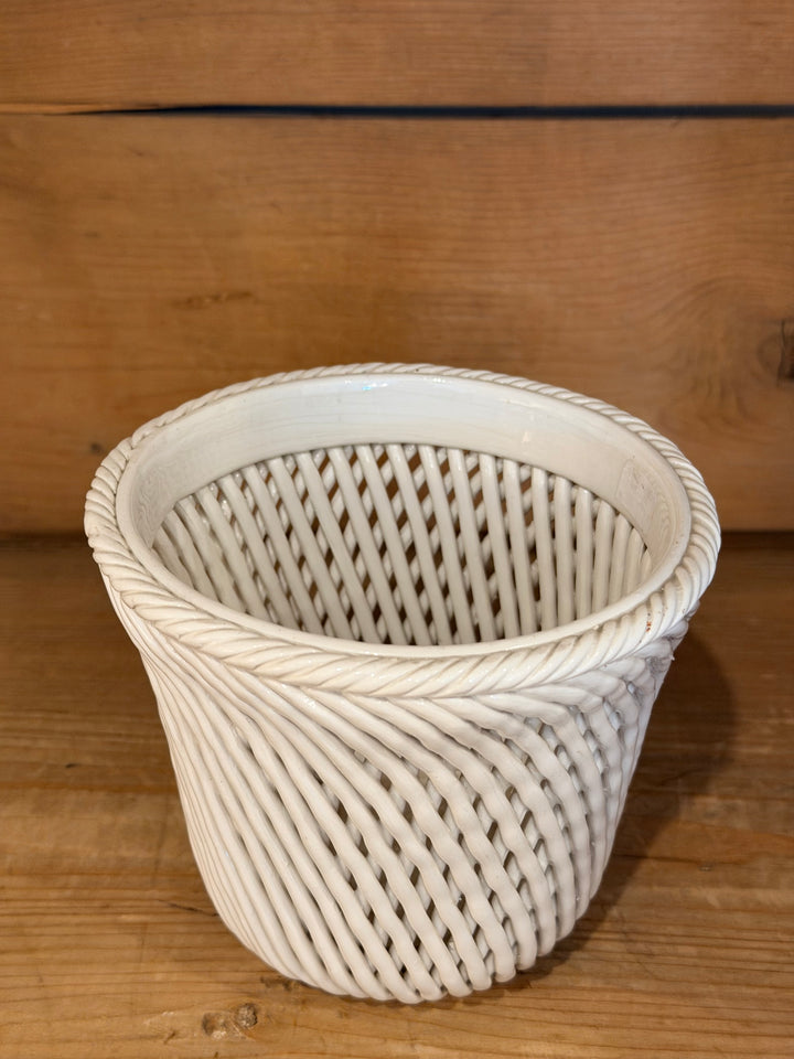 Italian Mid-Century White Basketweave Pottery Cachepot