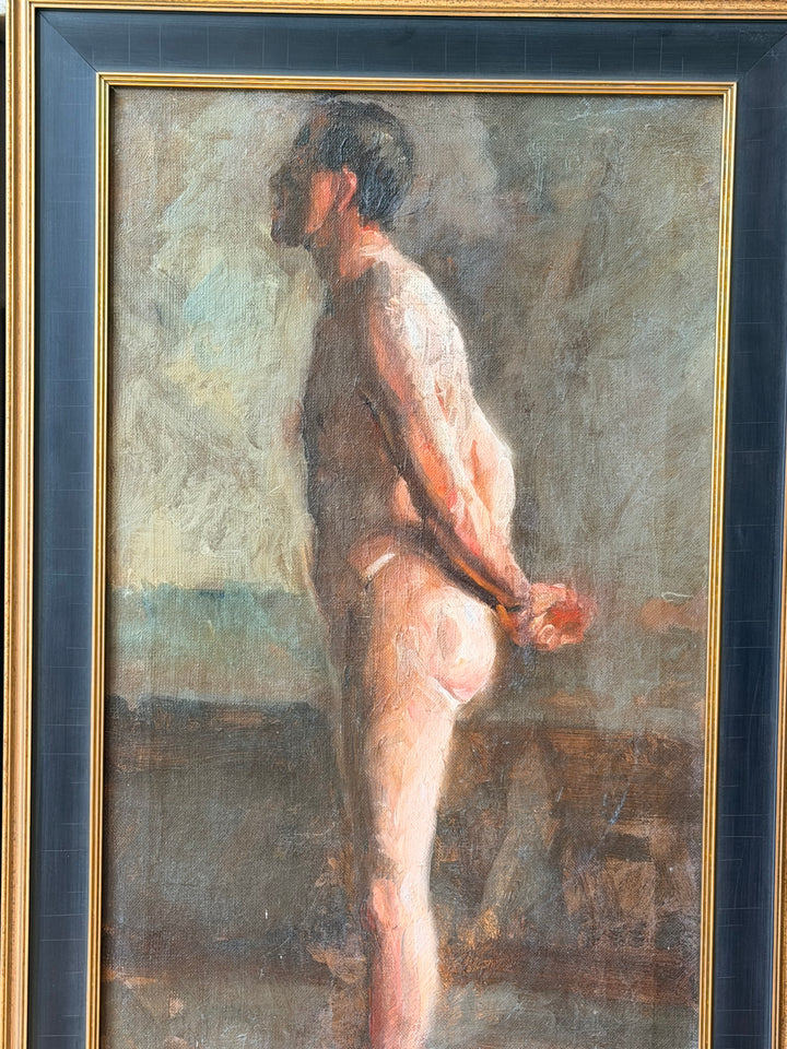 Antique Academic Male Nude Study, Oil on Canvas - Early 20th Century