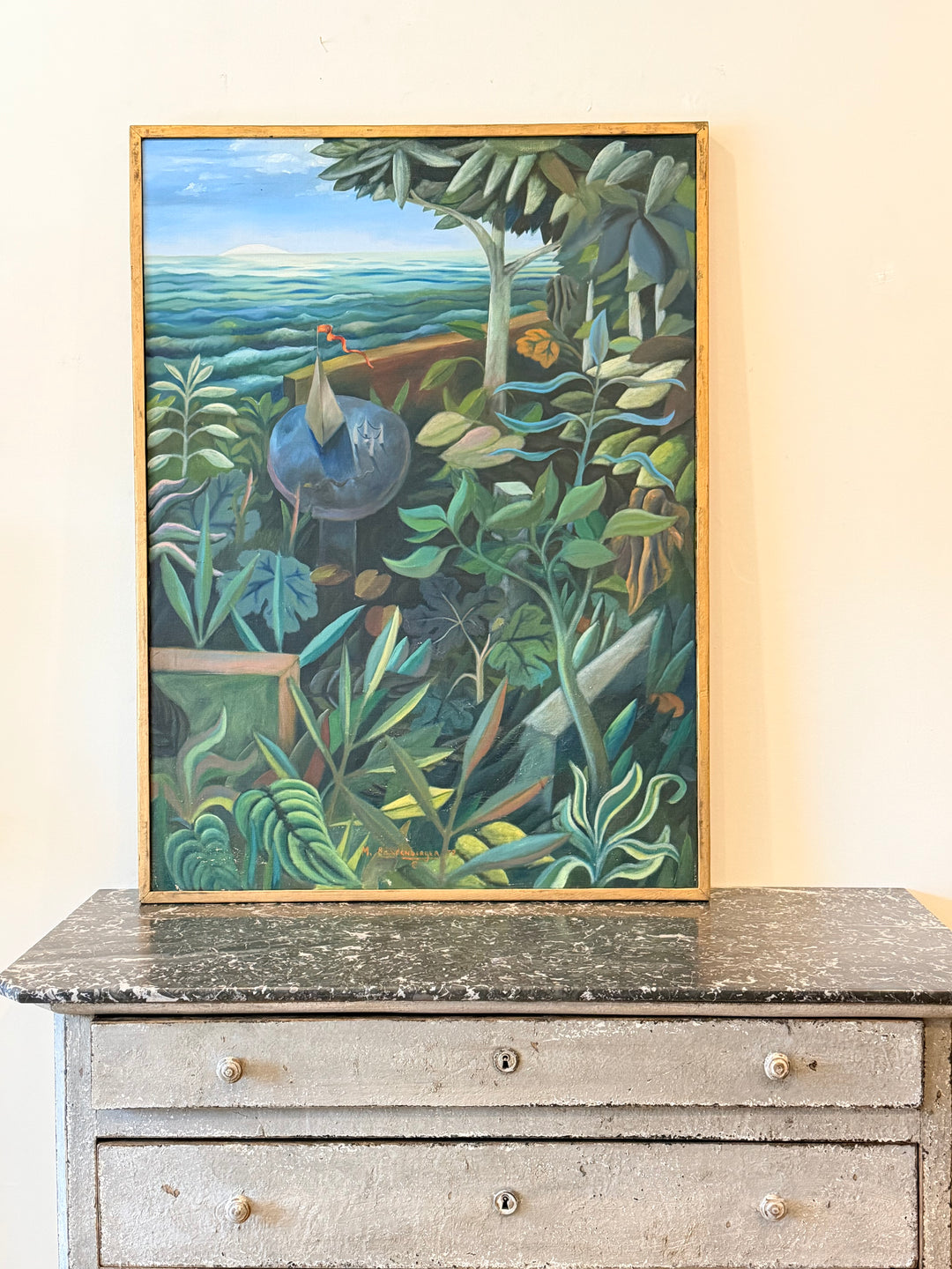 Surrealist botanical landscape oil painting by M. Brandenberger featuring vibrant, dreamlike plant scenes, displayed in a frame.