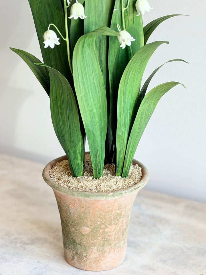 Lily of the Valley tole sculpture in aged terracotta pot by Housebound Interiors, featuring detailed floral design and rustic finish.