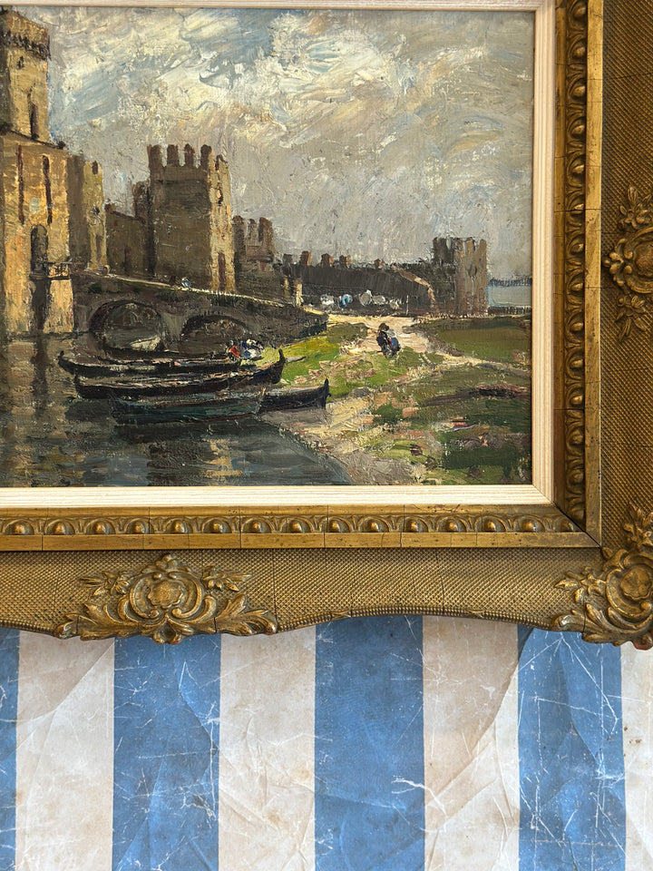 Impressionist Oil of Scaligero Castle, Italy - 20th Century