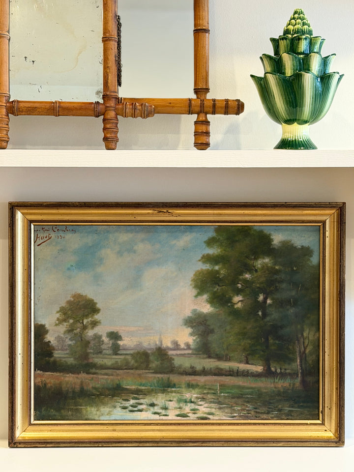 Antique French Barbizon School landscape oil painting from 1890 featuring serene natural scenery and soft color tones.