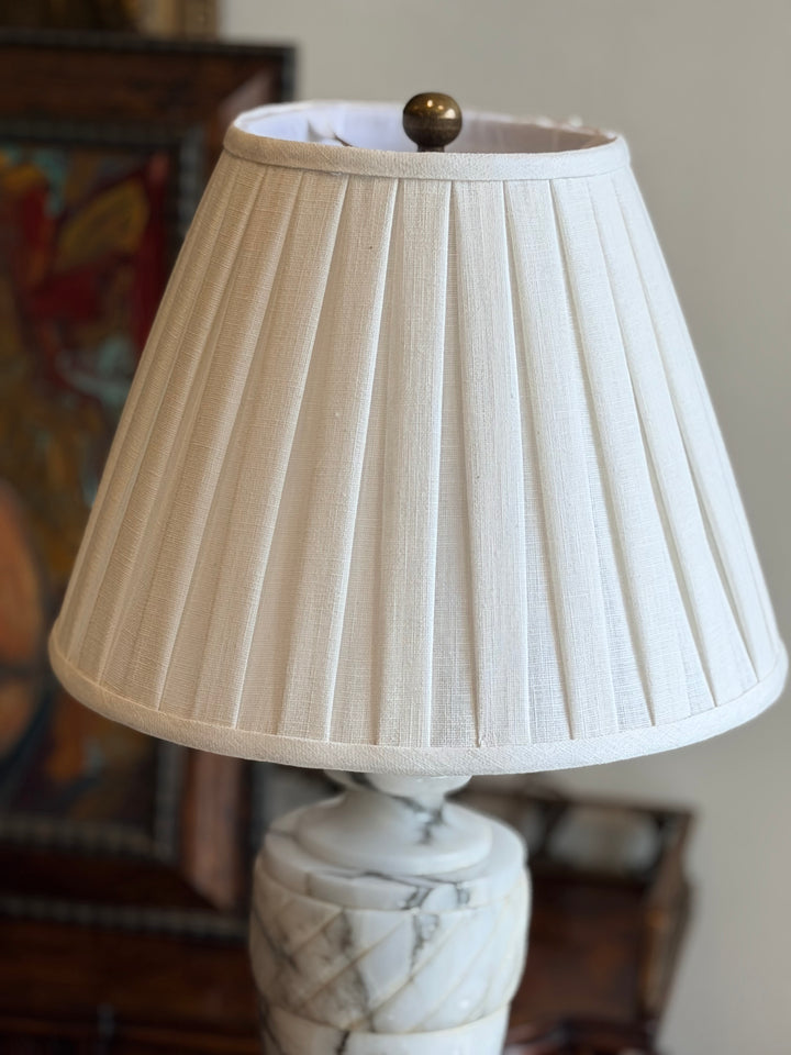 Medium Italian marble urn table lamp with custom pleated linen shade, elegant Homebound Interiors décor piece.