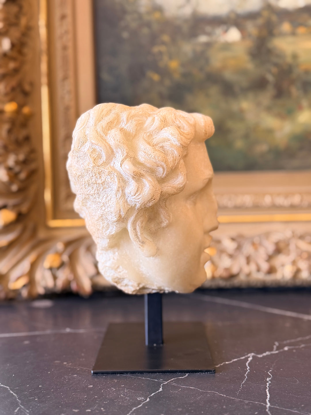 Classical fragment bust of a youth on iron plinth, Housebound Interiors decorative sculpture for interior display