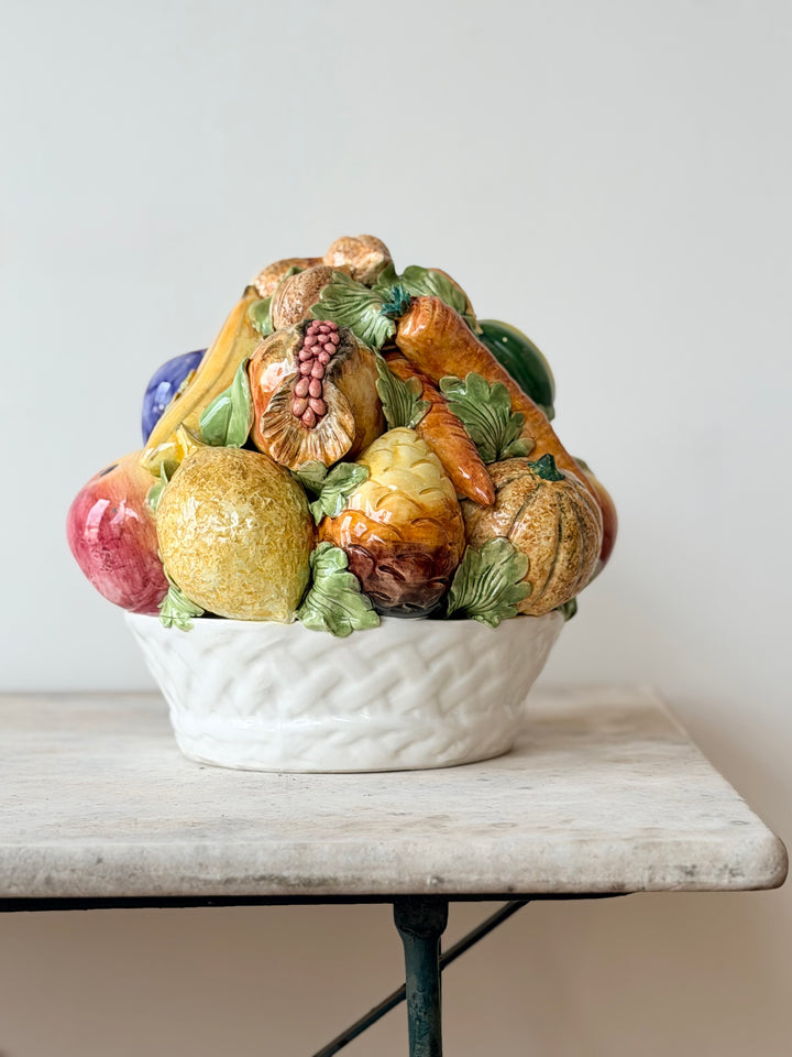 Mid-20th century Italian Majolica fruit topiary centerpiece featuring colorful ceramic fruit and decorative greenery.