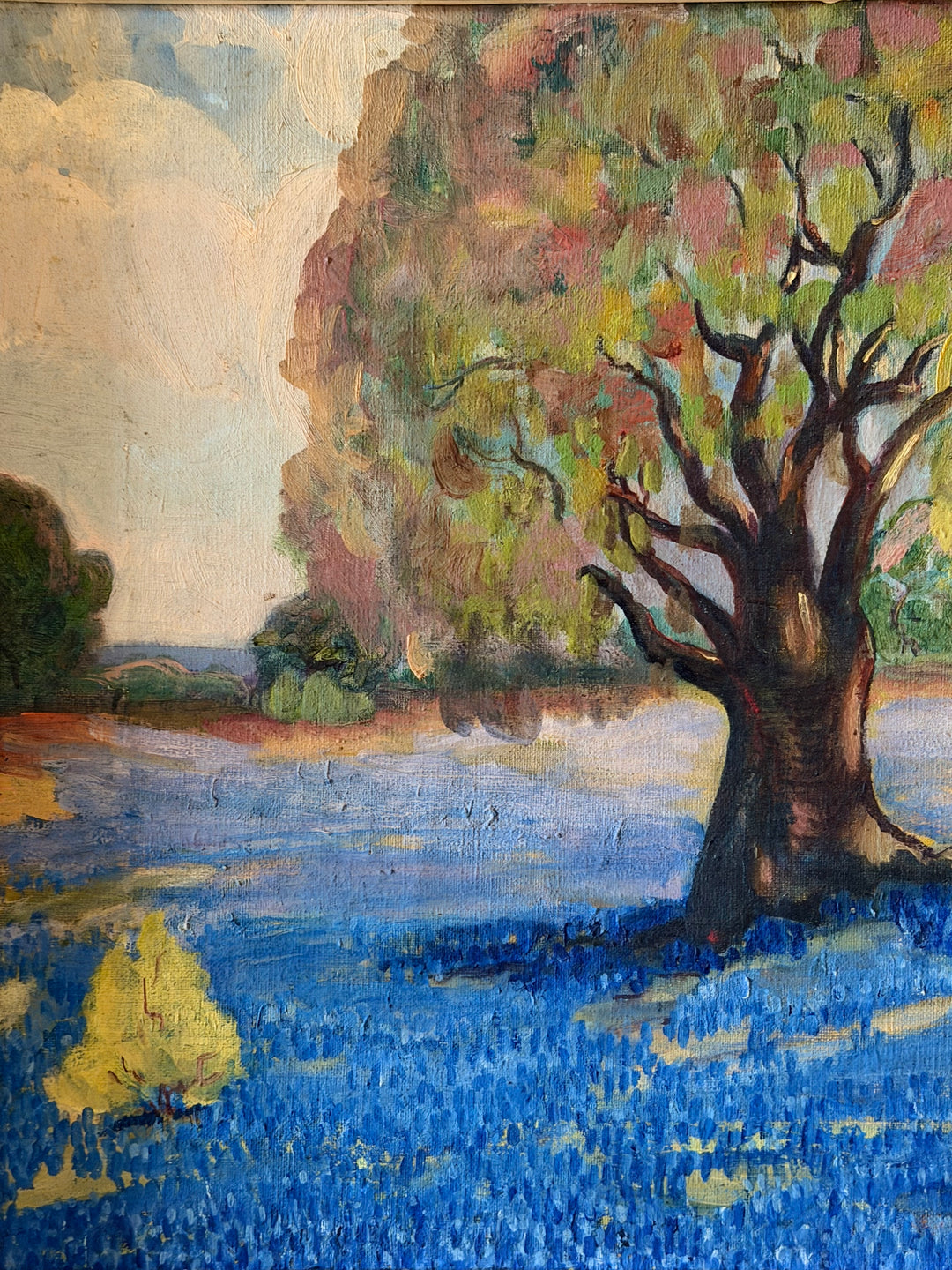 Oil on canvas pastoral landscape with blue fields, created in 1940, by Housebound Interiors.