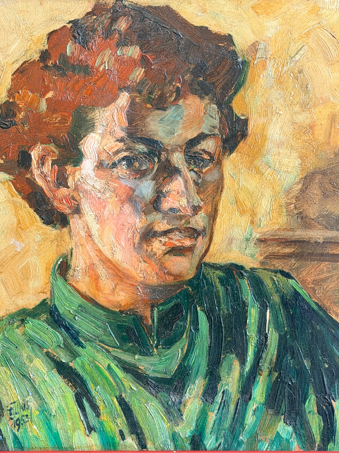 European Expressionist oil on board artwork from 1953, featuring vivid colors and abstract figures, by Housebound Interiors.