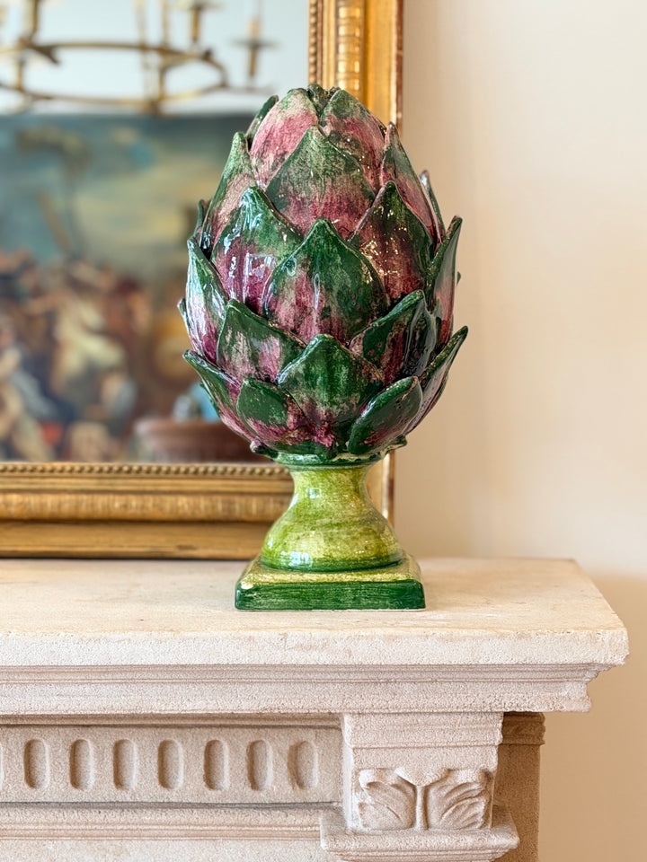 Monumental Hand-Painted Italian Ceramic Artichoke on Pedestal Base