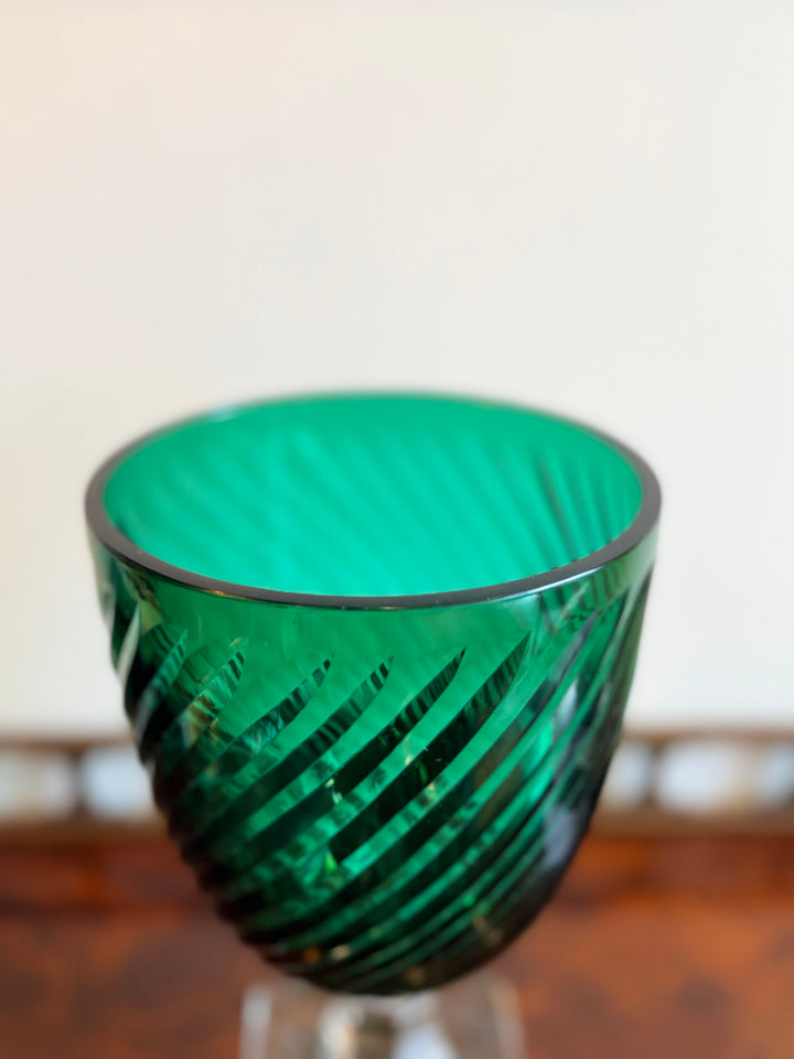 Green Cut Glass Hurricane on Faceted Base
