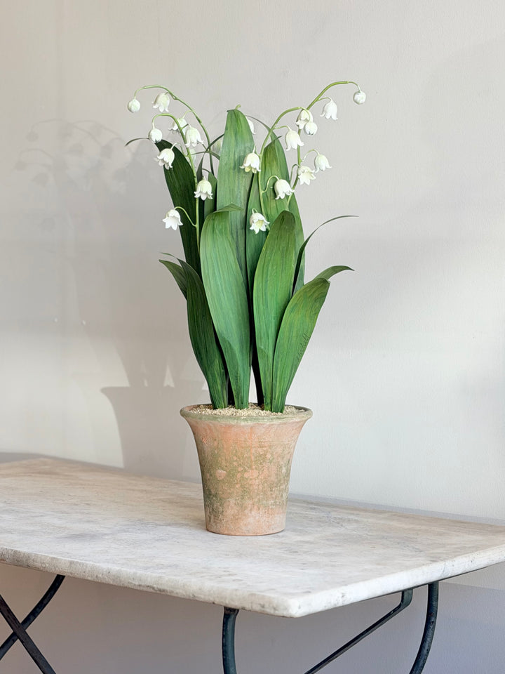 Lily of the Valley tole sculpture in aged terracotta pot, decorative floral ornament by Housebound Interiors.