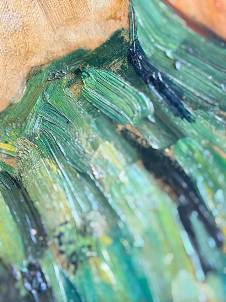 European Expressionist oil painting on board from 1953, featuring bold brushstrokes and vibrant colors, by Housebound Interiors.