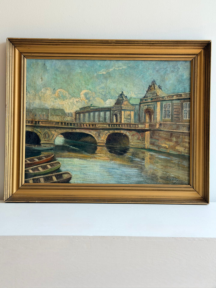1940s Danish Cityscape Oil Painting, Copenhagen Canal Scene