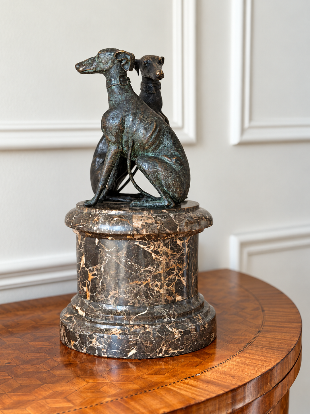 Bronze Greyhound Sculpture on Tessellated Marble Pedestal