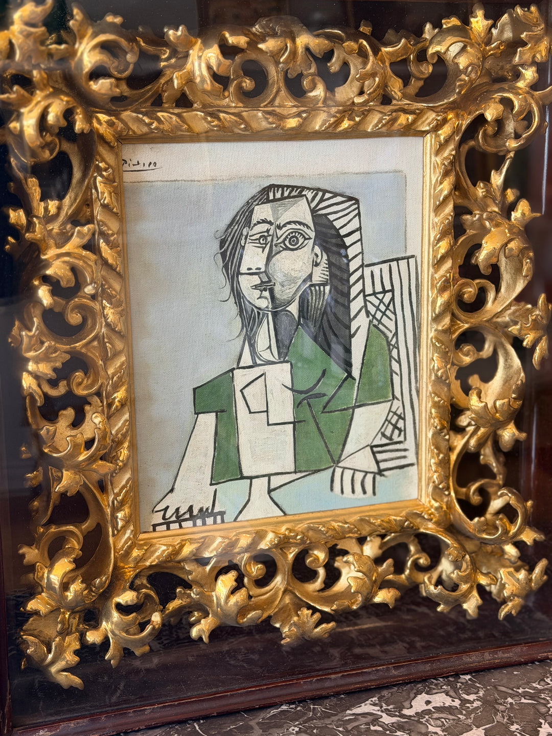 Seated female portrait artwork by Pablo Picasso from 1953, displayed in a frame, part of Housebound Interiors' art collection.