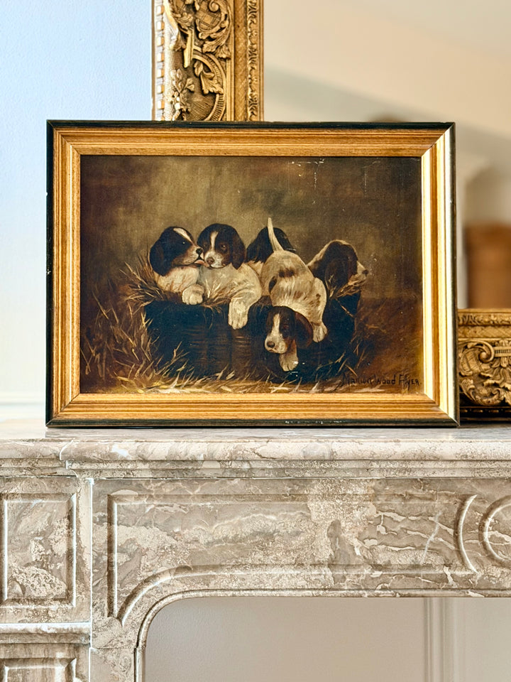 Sporting Oil Painting of Spaniel Puppies in a Basket - Early 20th Century