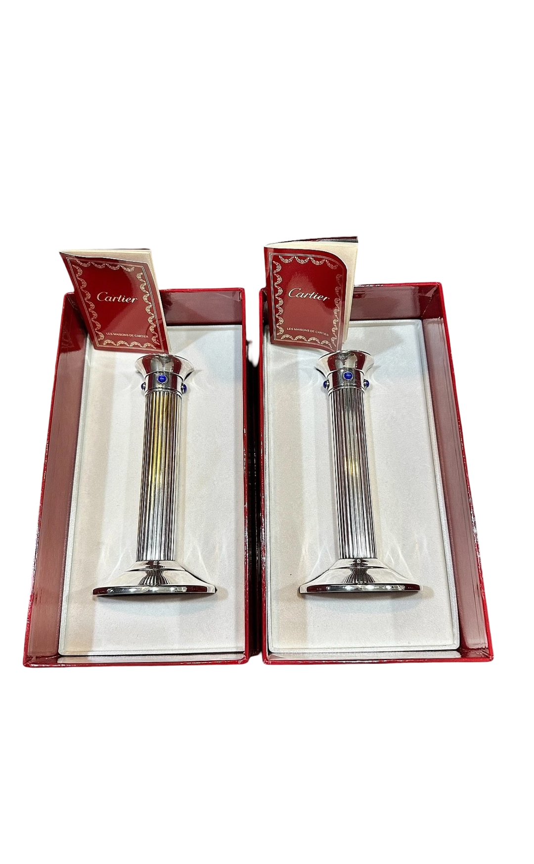 Rare Vintage Cartier Silver and Lapis Lazuli Columnar Candlesticks, France, ca. 1980s