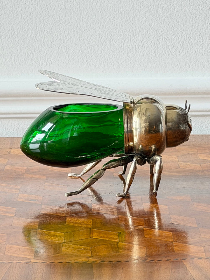 Italian Silver &amp; Emerald Green Glass Bee-Form of Jam Pot