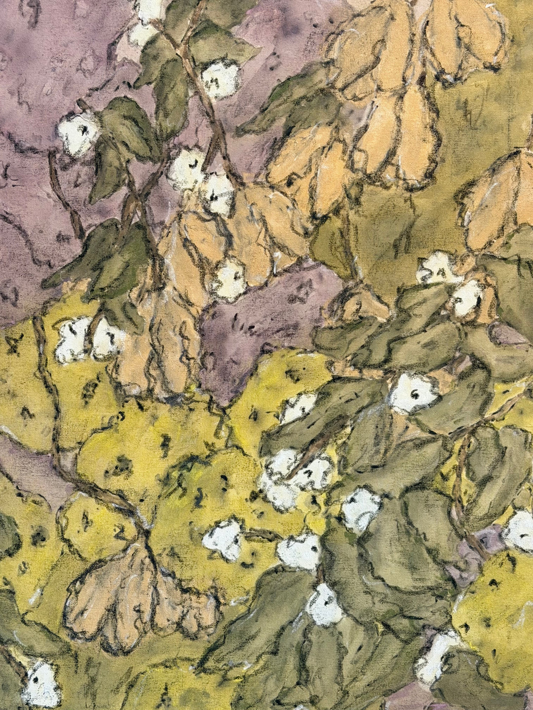 Contemporary abstract botanical painting by Housebound Interiors, Verdant Framework in Ochre Field with vibrant green and ochre tones.