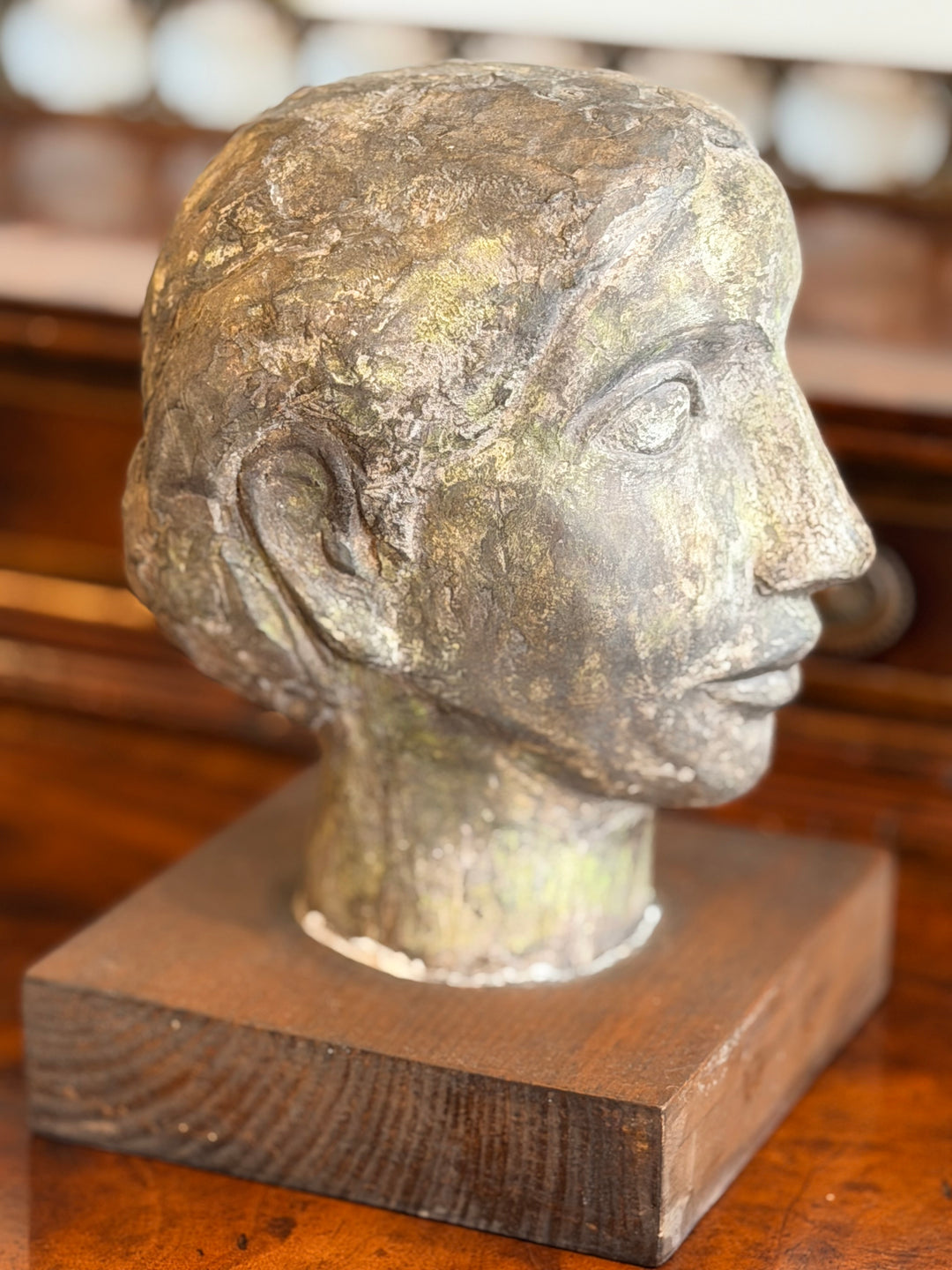 French Modernist plaster head study from 1950, detailed sculpture with abstract facial features, created by Housebound Interiors.