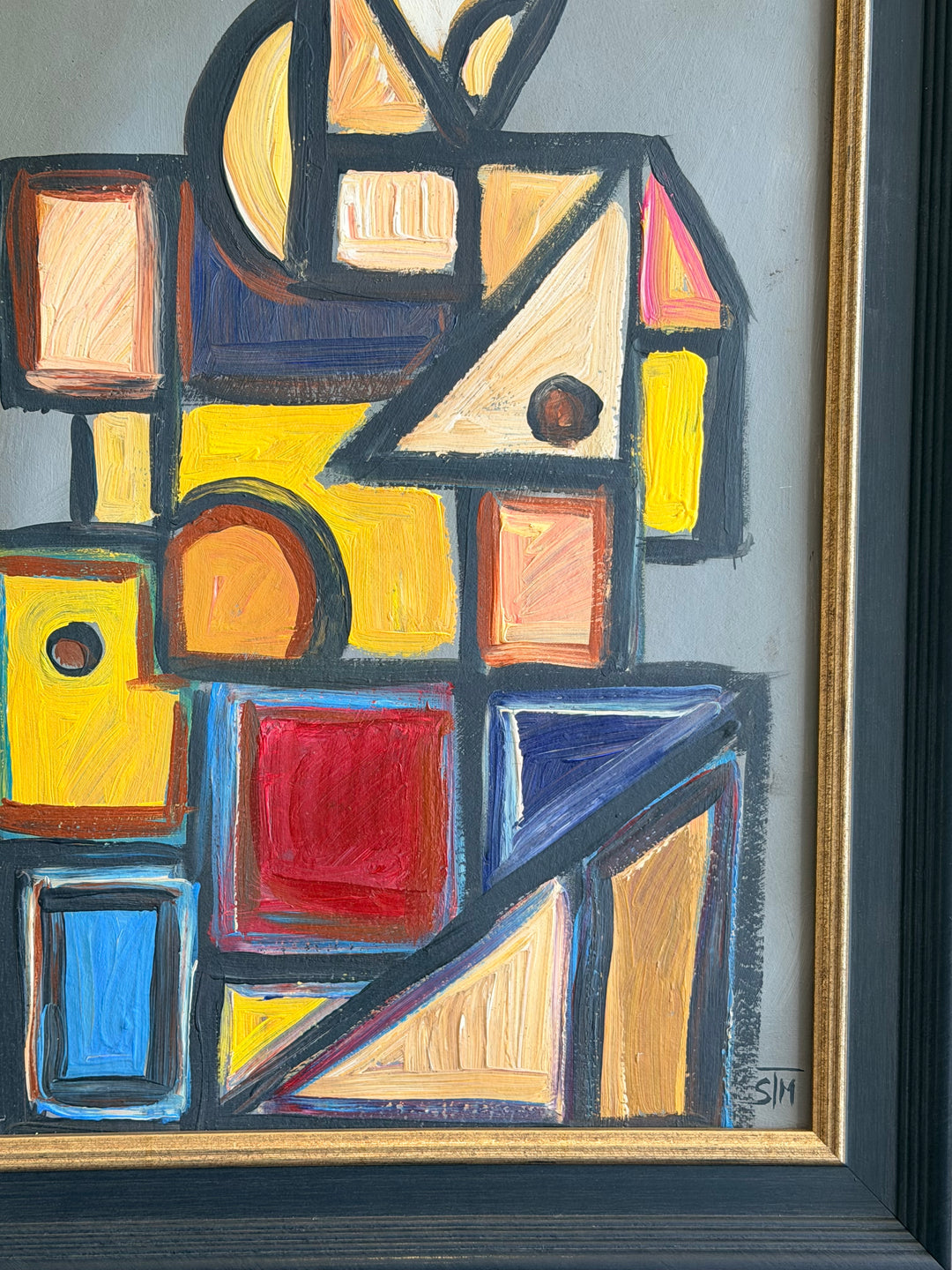 Still life oil painting by S.M., Italian Postwar Modernist artwork from the 1950s, featuring abstract and vibrant modernist elements.