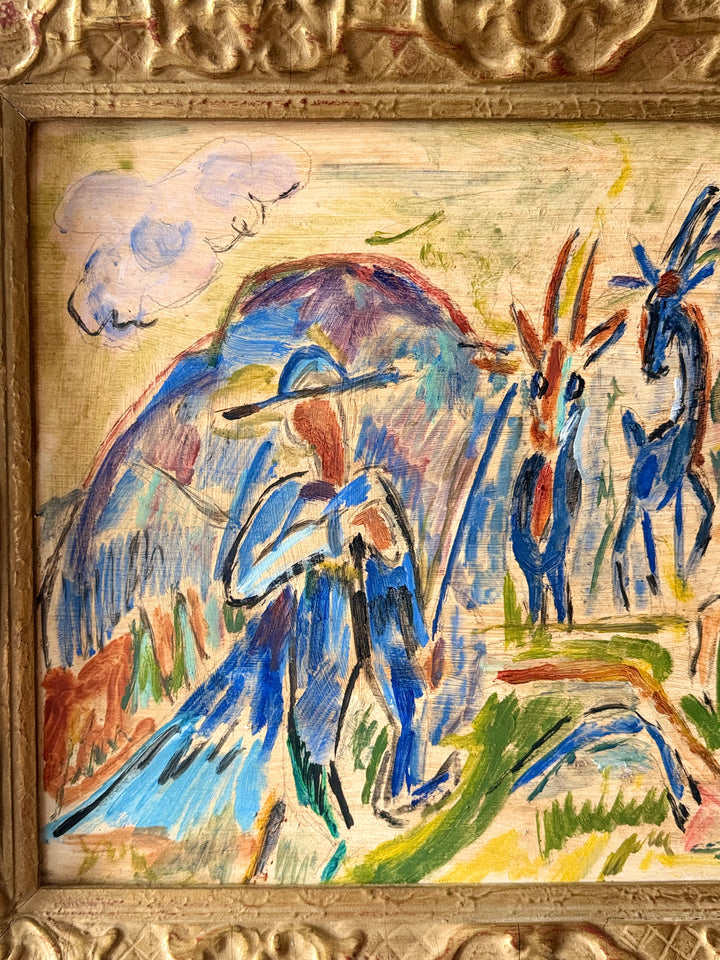 French Expressionist Pastoral Scene with Goats — Oil on Board 1950