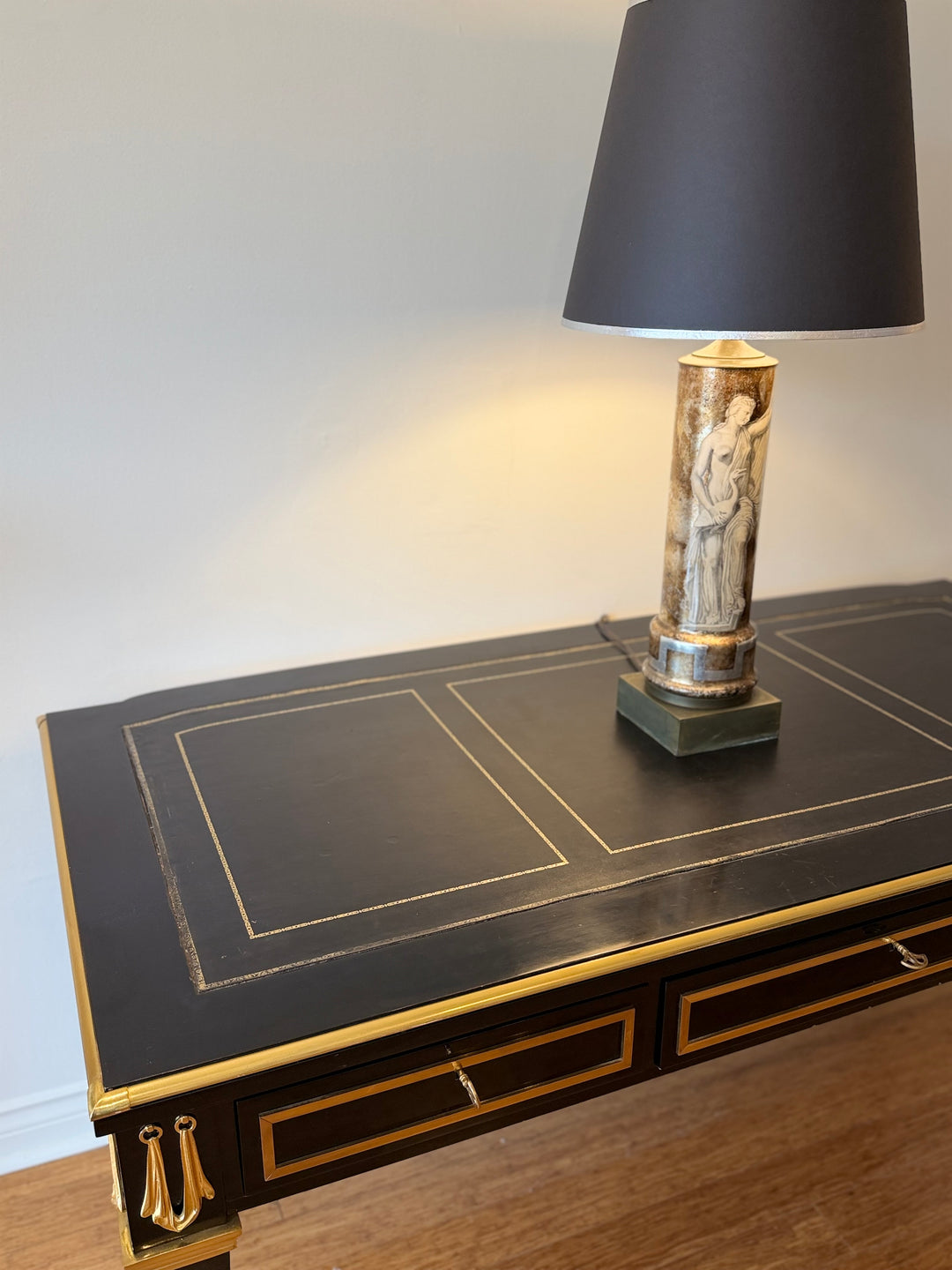 Spanish Neoclassical Ebonized Desk with Gilt Metal Mounts and Tooled Leather Top