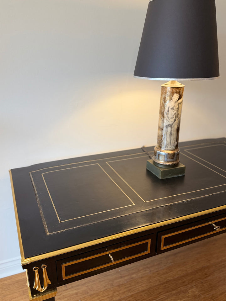 Spanish Neoclassical Ebonized Desk with Gilt Metal Mounts and Tooled Leather Top