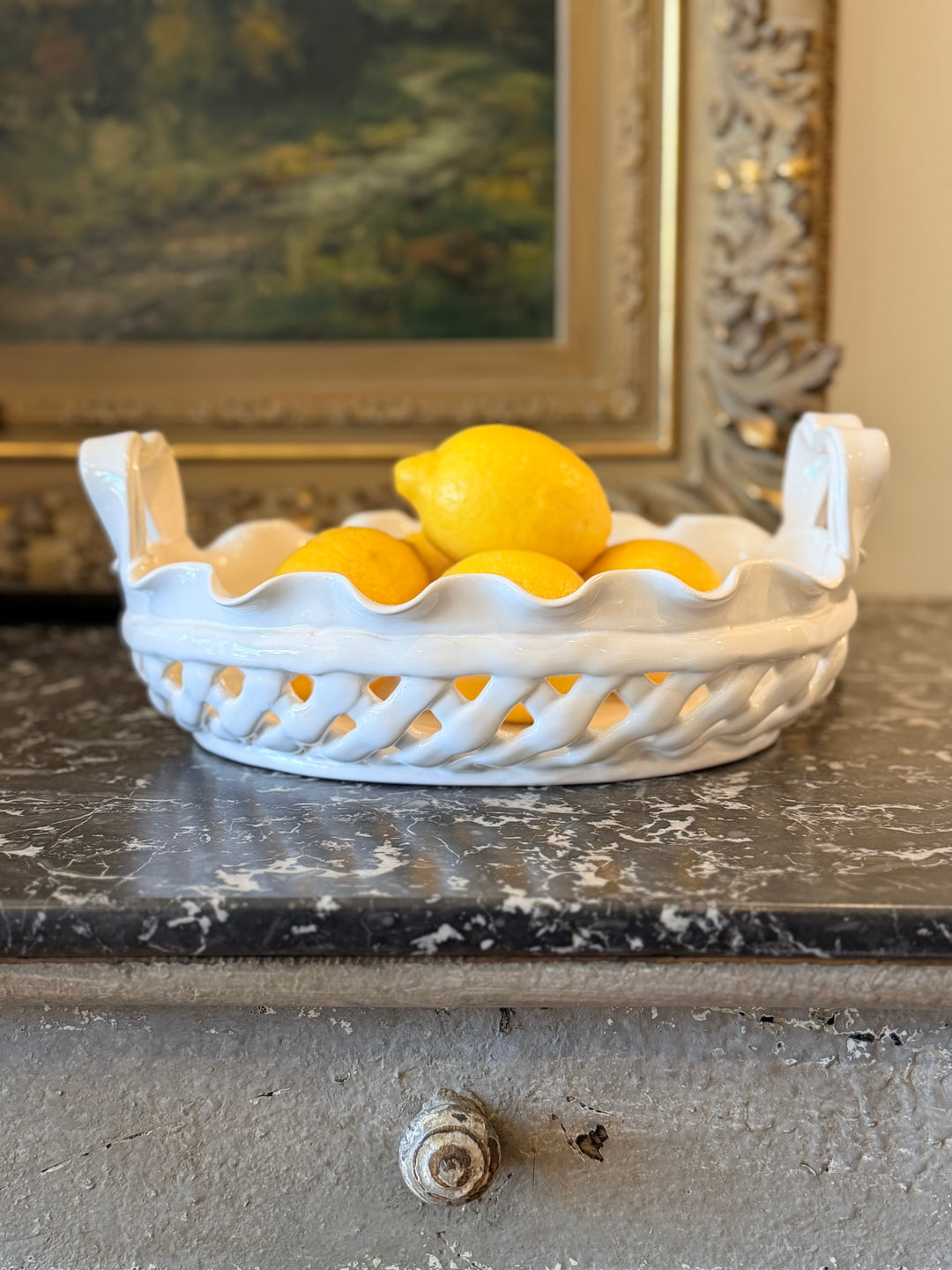 Mid-20th century Italian woven lattice ceramic basket with scalloped rim, decorative vintage ceramic piece by Housebound Interiors