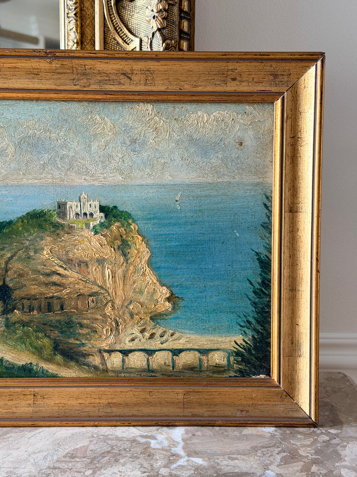 Antique Italian Coastal Villa Landscape Painting