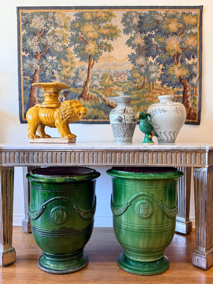 Early 20th Century French verdure tapestry featuring birds and a picturesque countryside landscape.