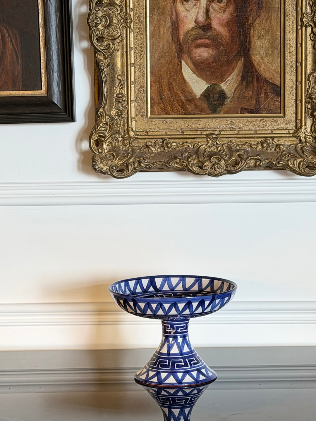 Vintage Robert Picault Vallauris ceramic pedestal bowl with Greek key geometric detail, showcasing 20th-century handcrafted artistry.