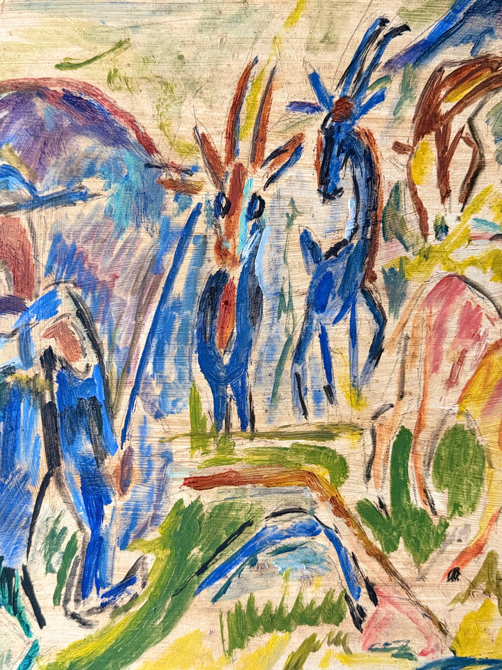 French Expressionist Pastoral Scene with Goats — Oil on Board 1950