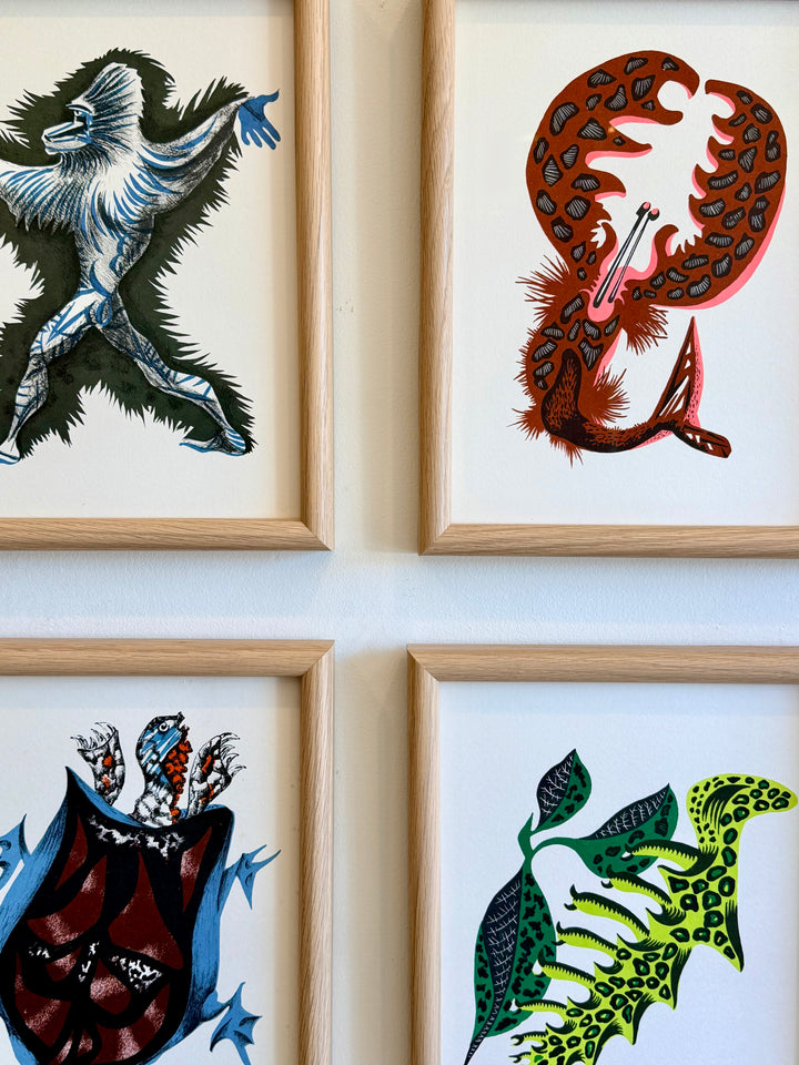 Set of 18 Jean Lurçat lithographs from the "Géographie Animale" series, depicting colorful animal and geography illustrations.