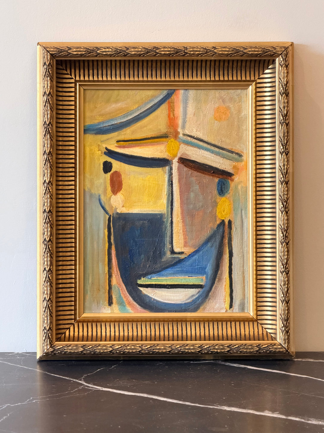 Swedish Modernist abstract oil painting from 1942 by Housebound Interiors, featuring bold geometric shapes and vibrant colors.