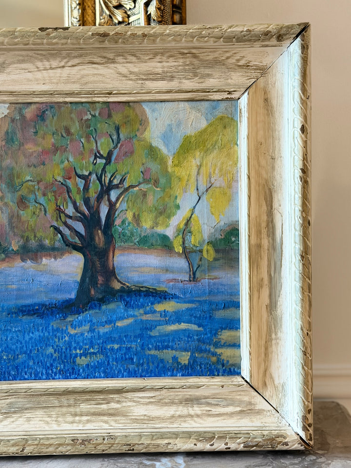 Oil on canvas pastoral landscape with blue fields, 1940 artwork by Housebound Interiors, showing lush green hills and vibrant sky.