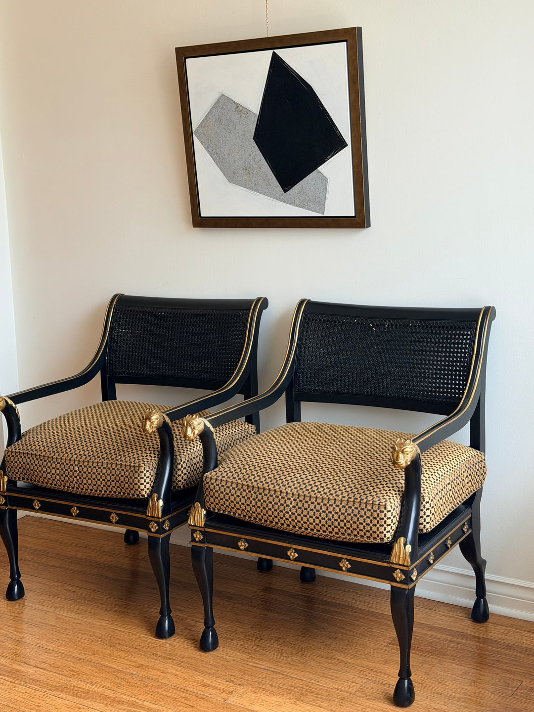 Neoclassical Ebonized &amp; Gilt Armchairs with Hoof Feet - PAIR