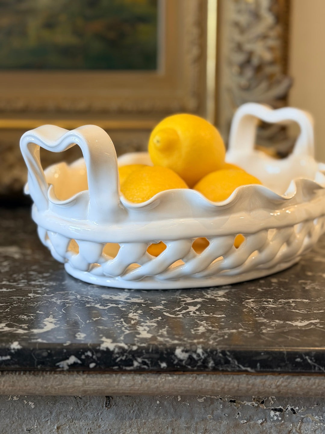 Italian woven ceramic basket with scalloped rim, mid-20th century decorative piece from Housebound Interiors.