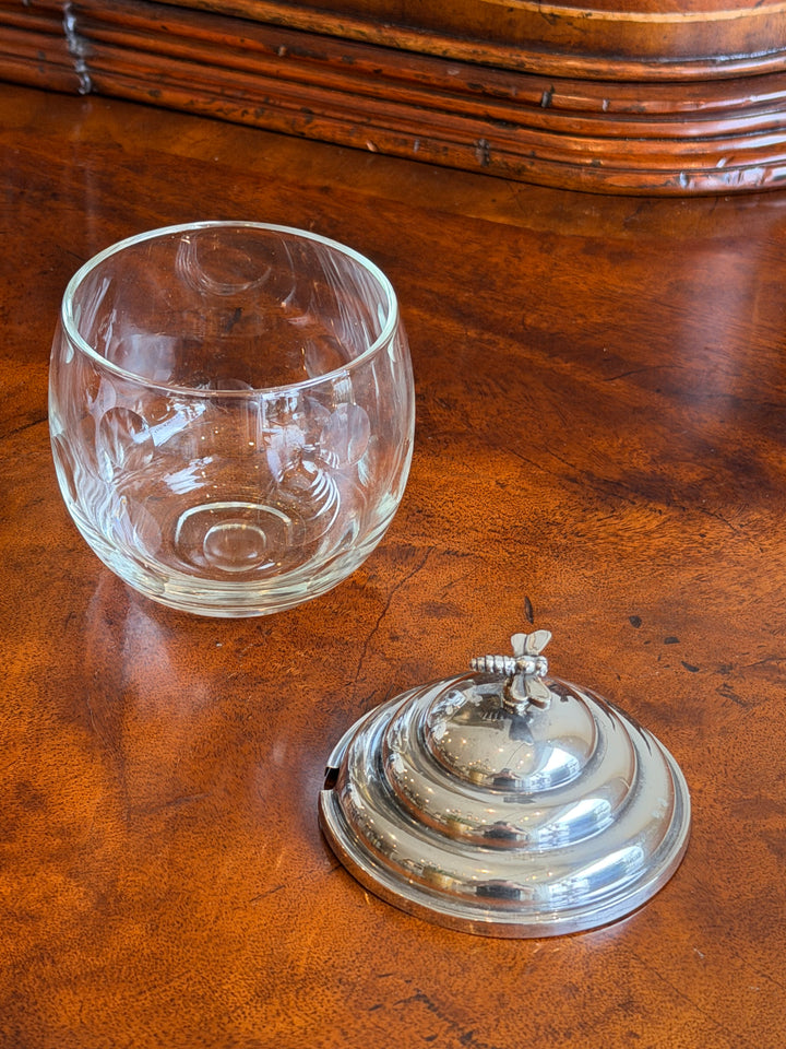 Cartier sterling silver honey pot with crystal accents and a dragonfly finial, decorative kitchen or table accessory.