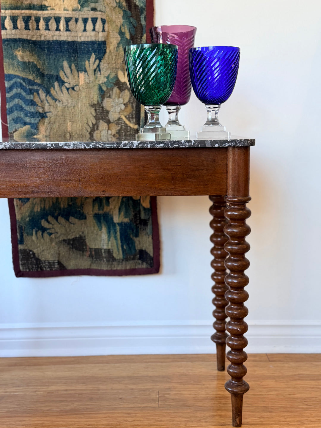 Early 20th-Century Marble-Top Console Table with Barley-Twist Legs