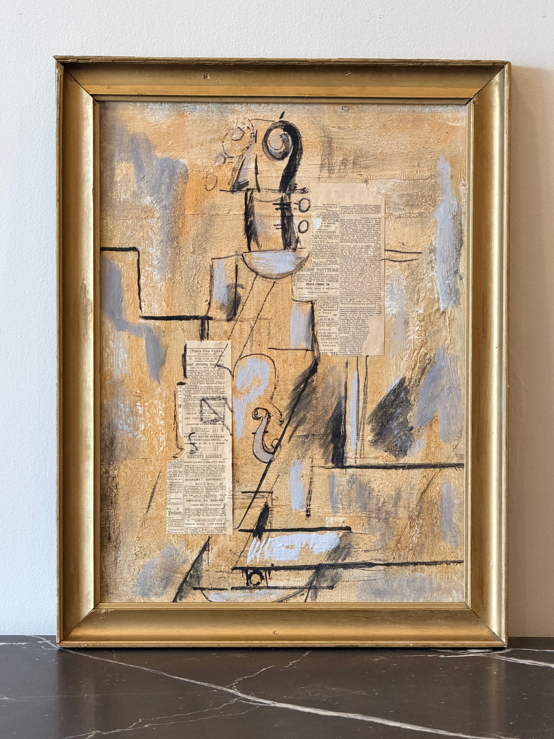 Modernist cubist-inspired mixed media painting on board from the 1940s, featuring abstract geometric shapes and vibrant colors.